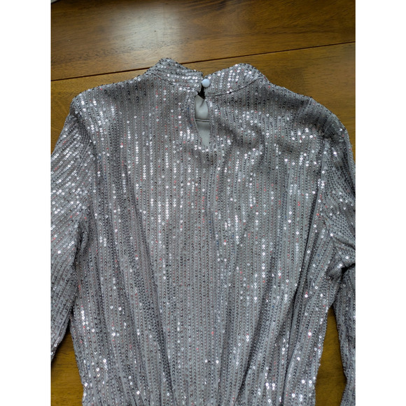 Miss Ord Silver Sequin Mini Dress M Mock Neck Belted NYE 70s 80s Glam - Picture 12 of 12